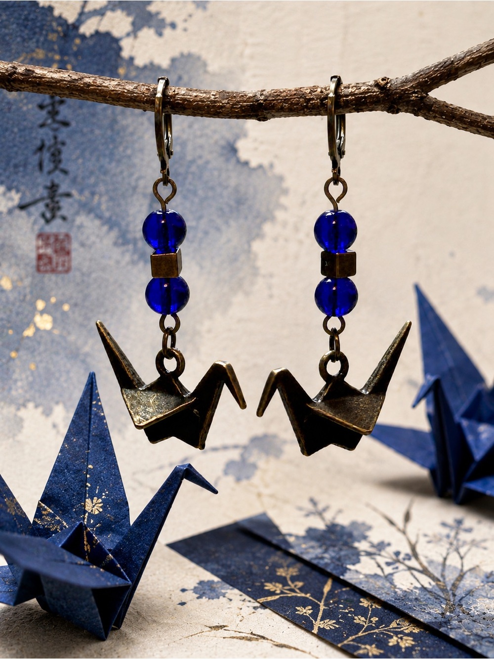 Origami Crane Earrings Blue Glass Bronze Bird Dangle